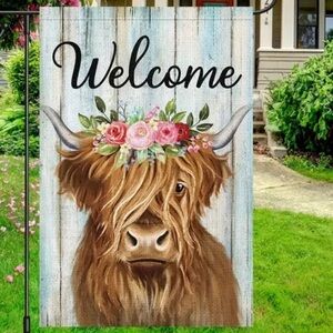 NIP WELCOME  Burlap Garden Flag 12” x 18” HIGHLAND COW